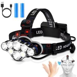 엘름치 충전식 헤드램프, 18000루멘 브라이트 8 LED 16가지 모드 조절 가능한 모션 센서 헤드라이트, 레드 라이트, 야외 하이킹 캠핑용 방수 헤드 플래시라이트
