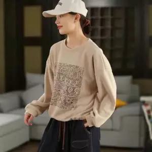 여성용 빈티지 가을 스트링 프린트 라운드 진자락 풀오버 긴팔 상의 맨투맨 CH3