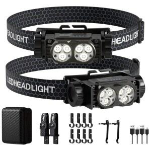 헤드램프 충전식 2PCS, 4500L 슈퍼 브라이트 라이트 LED 헤드라이트(화이트 포함), 야외 캠핑, 하이킹, 캠핑 필수품, 작업용 헤드밴드 포함 방수