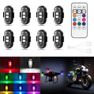 리모컨이 있는 차량용 무선 LED 조명 8PCS 스트로브 8가지 색상 USB 충전 IP65 자동차 모터사이클 드론 RC 항공기 자전거 블랙