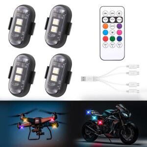 리모컨이 있는 4PCS 무선 LED 스트로브 조명 8가지 색상 방수 충돌 방지 USB 충전 경고등 자동차 드론 트럭 오토바이용 고휘도