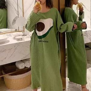 수면잠옷 여성 편한 면스판 과일 프린트 롱 홈원피스 홈웨어