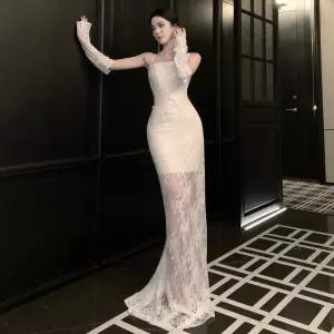 엘럽 치마 롱 여름 여성용 가운 레이스 쉬폰 프렌치 머메이드 드레스 약혼 나시 파티 원템2