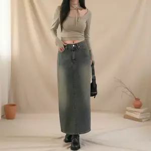 [옷자락]여성 빈티지 워시드 데님 롱 스커트 뒷슬릿 Y2K 치마_P423267284