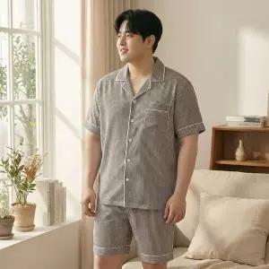 [속옷스토리]남여공용 빅사이즈 실크터치 스트라이프 반팔잠옷세트