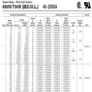170M5463 사각형 바디 플러시 엔드 접점 690V/700V IEC/UL 40-2000A 퓨즈 새 제품