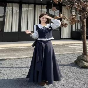 플러스 사이즈 니트 패치워크 탑과 하이웨이스트 엘라스틱 허리 스커트 투피스 세트 여성용 패셔너블한