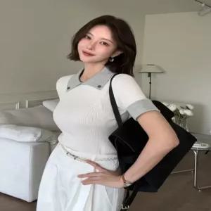 [다바걸]바즐배색버튼골지니트