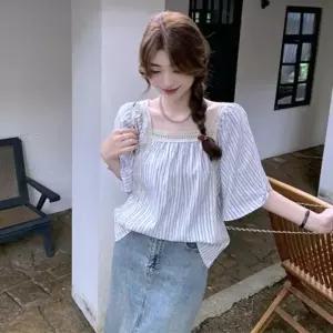 여자 여름 여리핏 스퀘어 블루 줄무늬 자수 블라우스_5