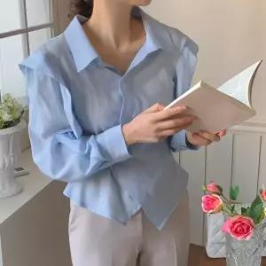 여자 날개 살랑 랩셔츠 봄하객 하늘색 실키 블라우스_5