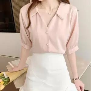 여자 로맨틱 진주 카라 새틴 쉬폰 블라우스_5
