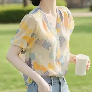 여성 여름 플라워 쉬폰 블라우스 퍼프 반팔 셔츠