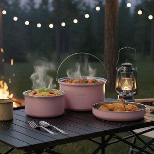 퀸센스 통3중 스텐 코펠 프라이팬 냄비 3종세트 캠핑 백패킹 낚시 야외 취사도구 세라믹코팅