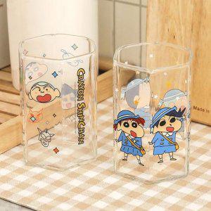 짱구 초코비 육각 유리컵 360ml 1P 카페 주스컵 물컵