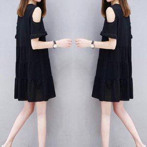 블랙 오프숄더 원피스 여름 캉캉 프릴 셔츠 반팔 슬림핏 여성