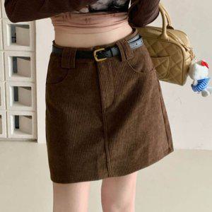 코듀로이 스커트 벨트 코디 여성 갈색 미니 스커트