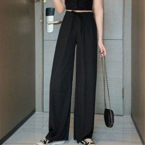 블랙 와이드 팬츠 여성 슬랙스 통바지 여름 하이웨스트 밴딩바지