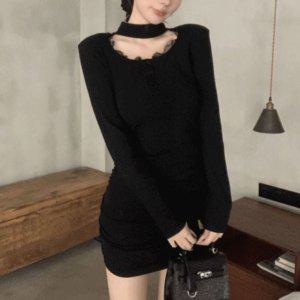 검정 미니 원피스 레이스 셔링 디자인 데이트룩 여성원피스