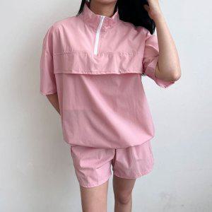 핑크 여성 바람막이 아노락 세트 반팔 반바지 트레이닝복