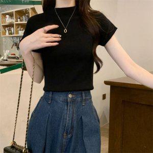 여성 반목 반팔 니트 여름 캐주얼 데일리룩 풀오버