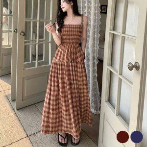 체크 롱 원피스 레드브라운 블루 패턴 나시 맥시롱 데일리원피스