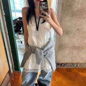 원피스 나시 뷔스티에 레이스 민소매 롱원피스 새틴 흰색스커트 화이트롱스커트 여성롱치마