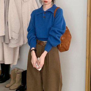 파란색 니트 가디건 카라 브이넥 단추 여성봄롱가디건