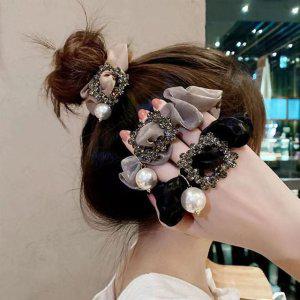 큐빅 진주 헤어슈슈 세트 블랙 골드 그레이 머리끈 헤어액세서리 곱창머리끈