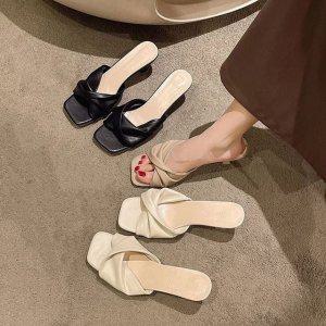 여성 꼬임 스트랩 미들굽 슬리퍼 샌들 뮬슬리퍼 여름신발 여름샌들