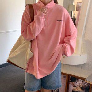 핑크 오버핏 집업 캐주얼 스웨트셔츠 반집업 맨투맨 데일리룩 아노락 후리스