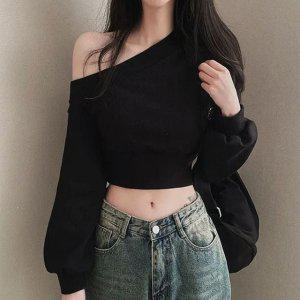 비틀버드원숄더 블랙 오프숄더 크롭티 긴팔티셔츠 여성티셔츠 크롭탑