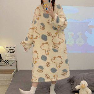 오리 캐릭터 극세사 수면잠옷 여성 롱원피스 홈웨어 겨울