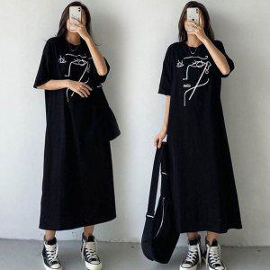 여성 블랙 롱원피스 프린팅 반팔 캐주얼 에스닉 편안한 데일리