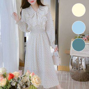 쉬폰 플라워 롱원피스 여성 딥블루 데이트룩 브이넥 허리밴딩 봄원피스