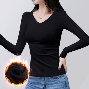 검정 여성 긴팔 티셔츠 따뜻한 기모상의 여성긴팔티 보온 기모내의 라운드넥