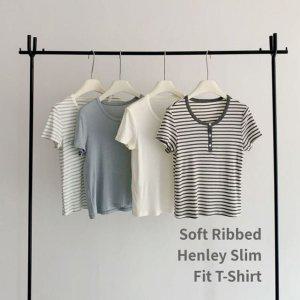 언레프 여성 슬림핏 반팔 티셔츠 헨리넥 골지 쿨소재 여름티