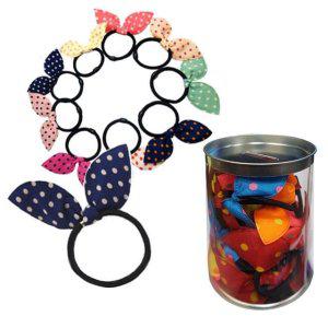 토끼 헤어밴드 도트 검정줄 20P 깡통악세 리본 헤어끈 머리끈
