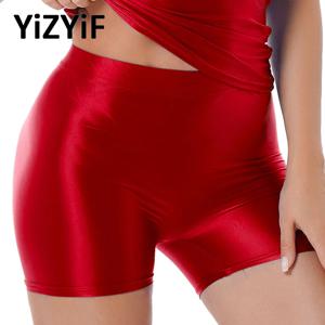 여성용 오일 광택 반바지 속옷, 미드 웨이스트 체육관 피트니스 요가 복서 반바지 팬티, 반짝이는 짧은 레깅스 수영복