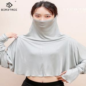 Birdtree 30% 실크 니트 선 스크린 의류 여성용, 여름 긴 소매 운전, 자외선 방지 얼굴 보호 망토 A43862QM