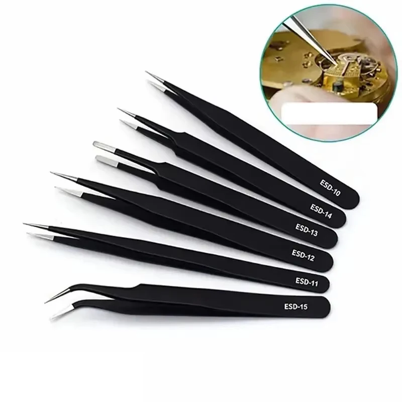 ESD 정전기 방지 스테인리스 스틸 핀셋 수리 도구, 정밀 롱 트위저 세트, 전자 수리 납땜 공예, 6 개