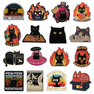 만화 검은 고양이 에나멜 핀 PEW PEW MADAFAKAS 큰 눈 새끼 고양이 귀여운 동물 브로치 옷깃 배지 쥬얼리 고양이 애호가를위한 Gif