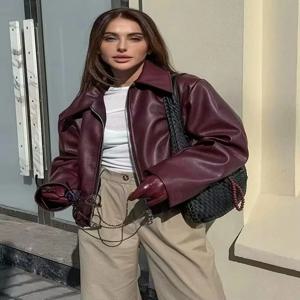 HH 와인 레드 인조 가죽 재킷 패션 아우터웨어 두꺼운 지퍼 라펠 PU 코트 가을 겨울 스트리트웨어 여성 상의