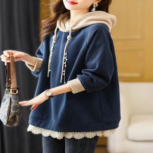 플러스 사이즈 후드티 긴팔 컬러 블록 여성용 스웨트셔츠 가을 겨울 루즈핏 다용도 스플라이싱 아우터웨어 한국 스타일