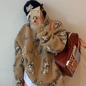 귀여운 토끼 양털 스웨트셔츠 재킷 가을 겨울 신상 출퇴근 스타일 라운드 넥 중간 길이 코트 여성용