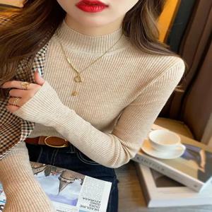 가을 겨울 모의 목 여성 스웨터 빈티지 기본 솔리드 니트 한국 탑 캐주얼 슬림 풀오버 스웨터 Simple Chic Jumpers