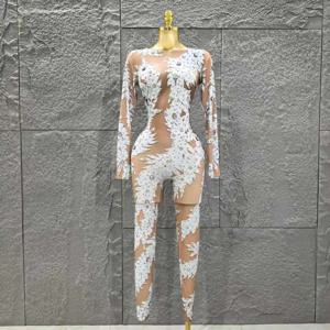 도매 여성 섹시한 긴 소매 Shinning 라인 석 Bodycon 점프 슈트 축하 나이트 클럽 파티 공연 의상 무대 착용