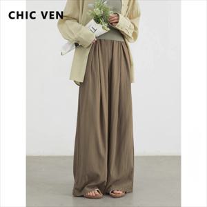 CHIC VEN 여성 바지 솔리드 탄성 허리 느슨한 하이 웨이스트 캐주얼 여성 바지 긴 와이드 레그 팬츠 봄 여름 2025
