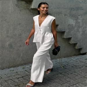 민소매 조끼 긴 바지 세트 코튼 섹시한 v 넥 탑 새로운 솔리드 컬러 기질 통근 여성 투피스 세트