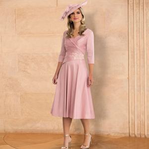 핑크 웨딩드레스 신부 어머니 새틴 A라인 칵테일 파티 드레스 V넥 플리츠 자수 주름 장식 정장 프롬 드레스 미디