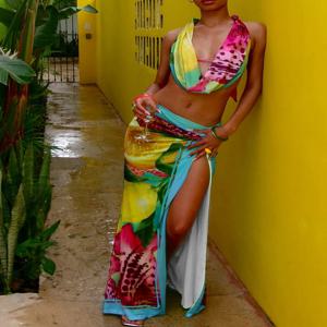 Nibber 섹시한 다채로운 레오파드 여성 2 개 세트 Y2K 비치 휴가 홀터 탱크 탑 + 포장 된 맥시 스커트 매칭 휴가 클럽웨어